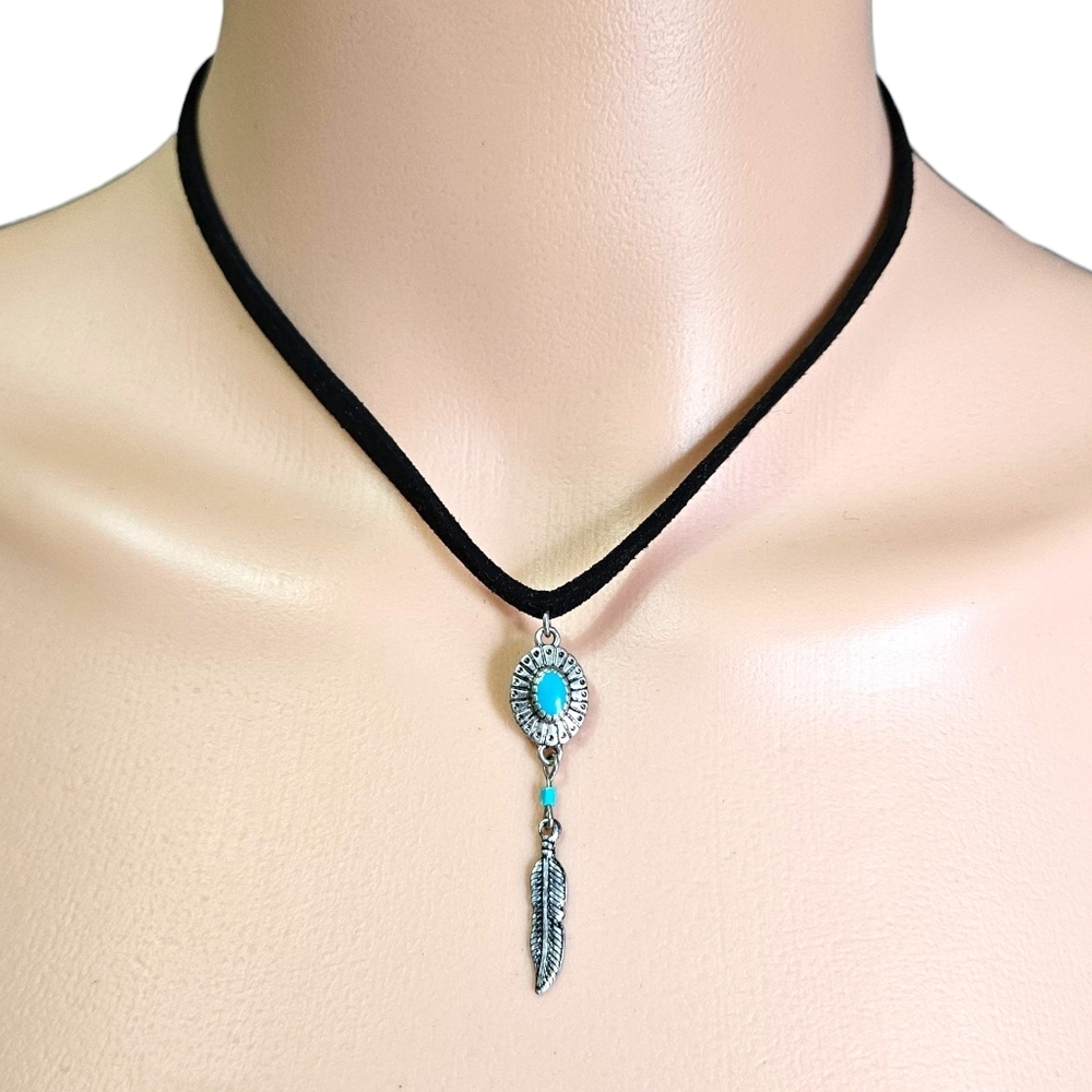 Black Suede Choker Necklace Turquoise Bead & Silver Feather Charm Boho Western